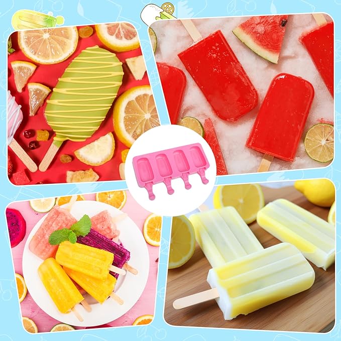 SAYAYA 4 Set Silicone Popsicle Molds with 200 Sticks, Reusable 4 Cavities Homemade Cake Pop & Cakesicle Mold for DIY Ice Cream, Ice Pop, Easy Release & Dishwasher Safe for Kids Family (Pink)