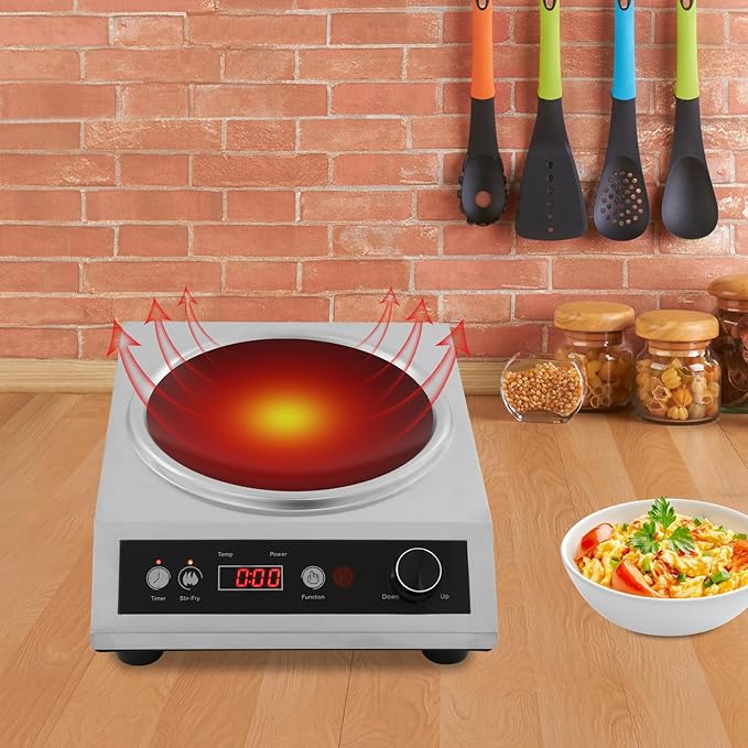 1800W Electric Wok Used For Home And Commercial,Induction Wok With Concave Surface Stainless Steel Strong Power Dual Control Mode 10 Power And Temp 24H Timer Induction Cooktop For Cooking