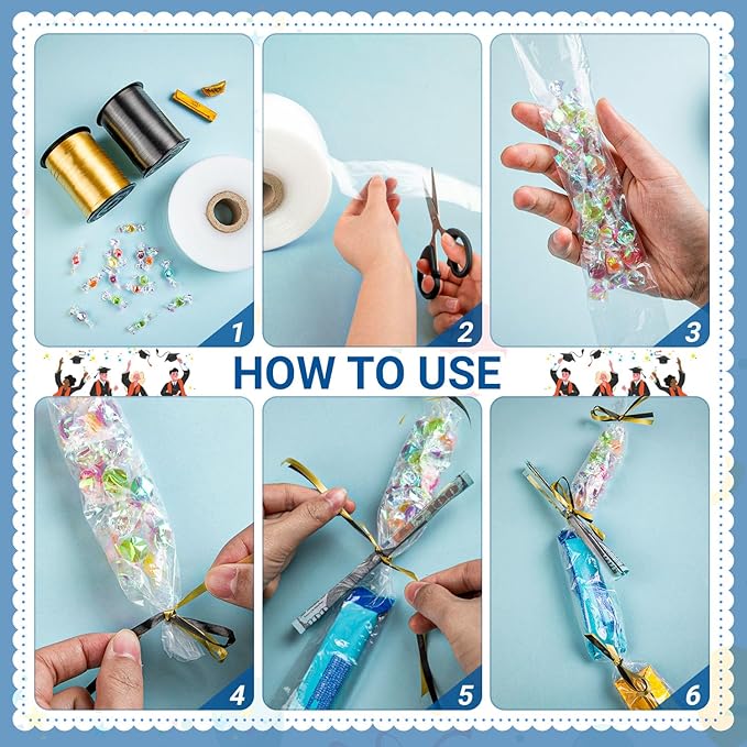Candy Lei Poly Tubing, 3 Inch x 1000 ft Clear Graduation Candy Lei Making Kit with 4 Rolls 250 yd Ribbon, Clear Shipping Poly Tubing for DIY Graduation Wreaths Packing Snacks