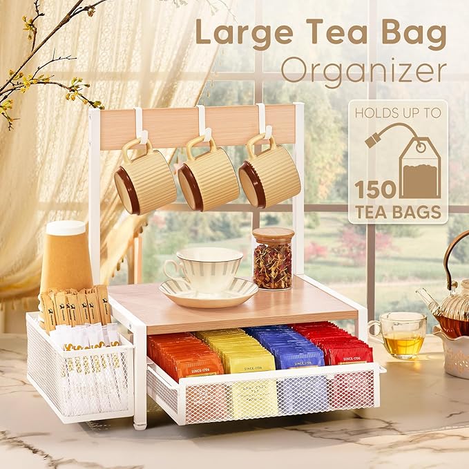 DGWJSU Tea Bag Organizer, Wood Tea Organizer and Storage Cheast, Tea Bag Holder with Storage Drawer, 4 Hooks for Tea Cups Holder, Tea Station Chest Display Container Box for Countertop Kitchen (White)