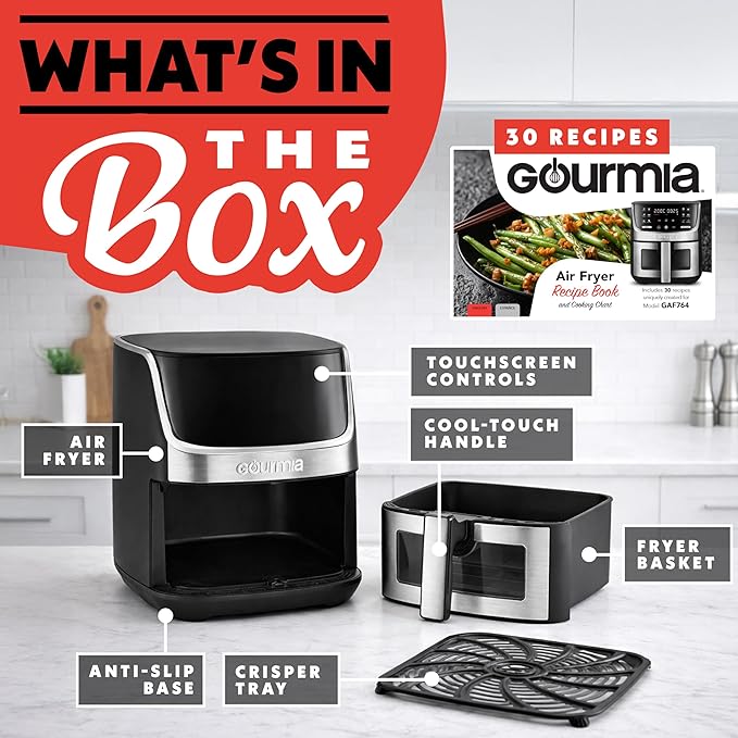 Gourmia Air Fryer - 7 Qt Large Capacity with LED Display, 12 One-Touch Presets, FryForce 360° Technology, Nonstick Dishwasher-Safe Basket & Crisper Tray, Stainless Steel