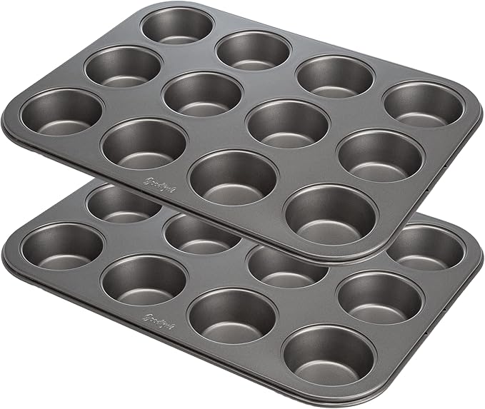 Goodful Nonstick Muffin Pan Set, Heavy Duty Carbon Steel with Quick Release Coating, Made without PFOA, Dishwasher Safe, 2-Pack Bakeware Set, 12-Cup, Gray