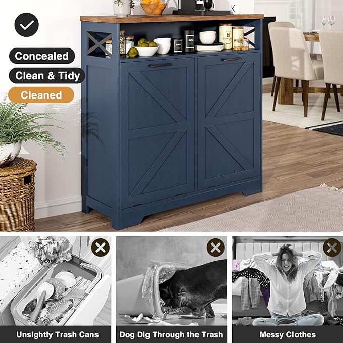 Befrases Tilt Out Trash Can Cabinet for 13 * 1 Gallon Trash Can, Farmhouse Kitchen Island Cabinet with Adjustable Shelf for Hidden Laundry Basket, Dog Proof Garbage Can for Dining Living Room, Blue