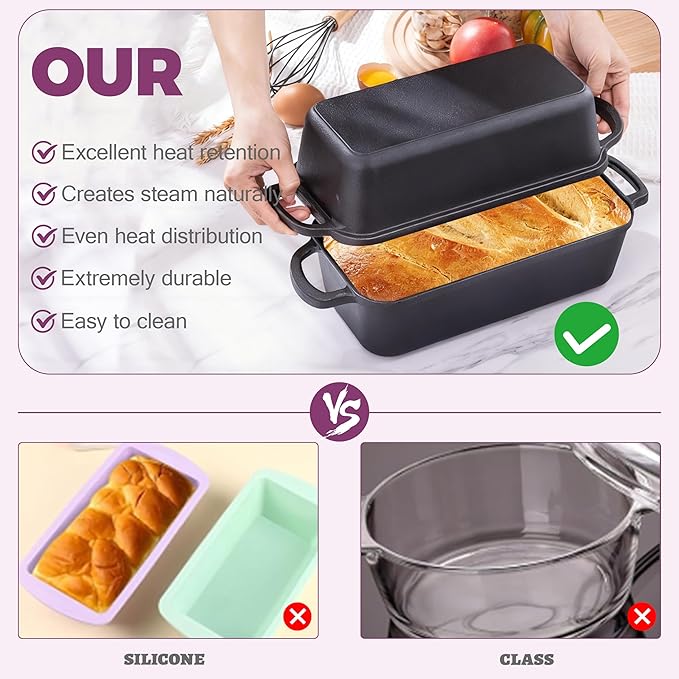11x5 Inch Cast Iron Loaf Pan with Lid, Large Dutch Oven Bread Loaf Pan for Sourdough, Homemade Bread Baking, Even Heat Distribution, 5.8Qt