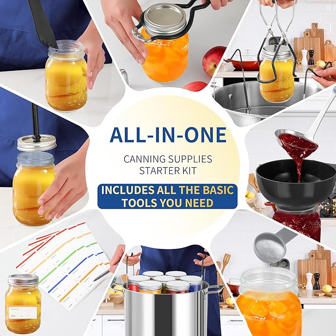 Canning Supplies Starter Kit,Canning Kit for Beginners of 9 with Jar Lifter,Wide Mouth Funnel,Wrench,Tongs,Lid Lifter,Bubble Popper,Canning Labels,ladle,Measuring Spoon-Black