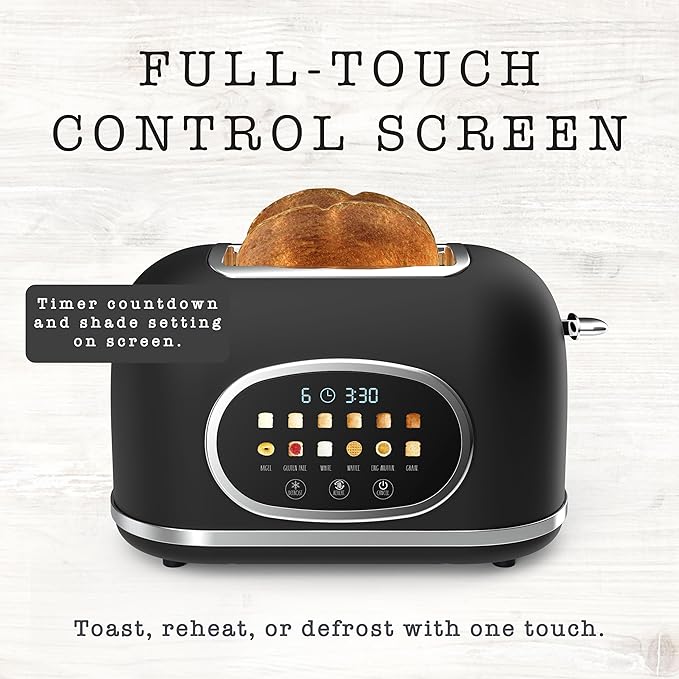 Rae Dunn Retro Digital Electric Toaster, 2 Slice Stainless Steel Toaster With Touchscreen, Countdown Timer, 6 Shade Settings, Wide Slots, High Lift Lever, Bagel, Defrost & Reheat, Digital Black