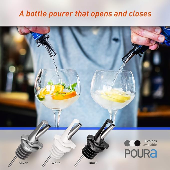 Poura 8 Liquor Pour Spouts (Black) with Built-in Caps for Optimal Fly & Dust Protection - Dishwasher Safe, Hygienic Spouts - with Adapters for Large Neck Bottles