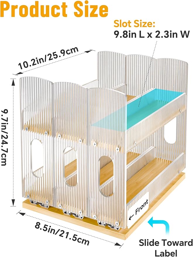 NiHome Bamboo Pull-Out Spice Rack Organizer for Cabinet, 3-Drawer Vertical Slide Out Seasoning Rack Storage Shelf for Kitchen Pantry, Bamboo Frame with Wave-Pattern Acrylic Divider (8.5” Wide, 2-Tier)