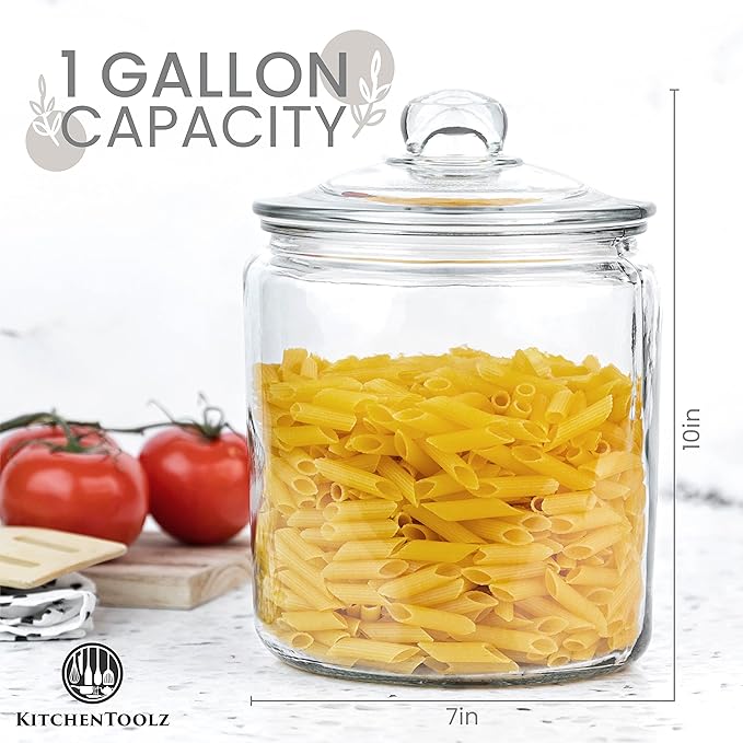 1 Gallon Glass Cookie Jar with Lid – Glass Jar with Lid - Airtight Food Storage Container for Cookies, Candy, Flour, Dog Treats – Clear Large Kitchen Jar for Pantry - Glass Containers with Lids
