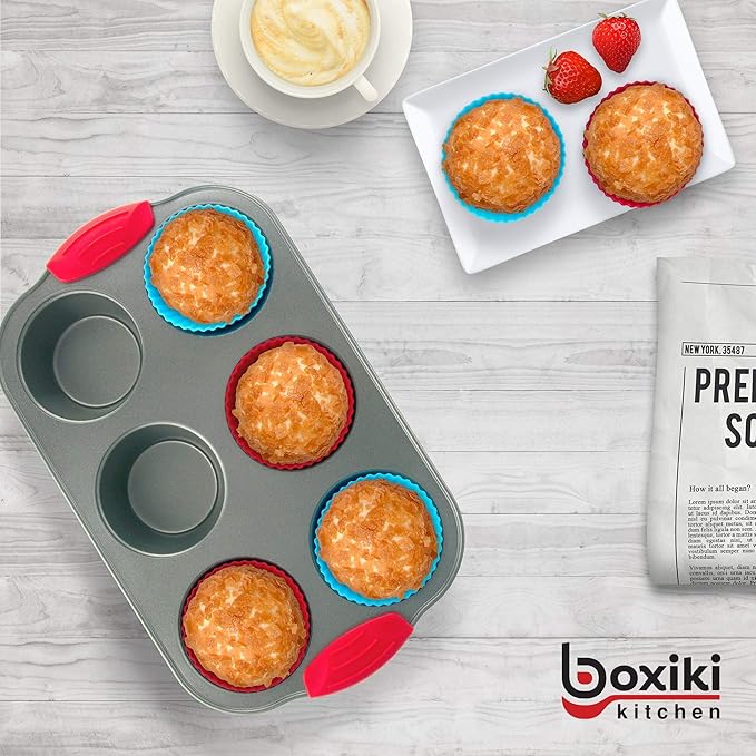 Boxiki Kitchen Duo: Non-Stick Steel Jumbo 6-Cup Muffin Pan with Silicone Handles & Reusable Liners + 10-inch Nonstick Springform Pan with Silicone Handles.
