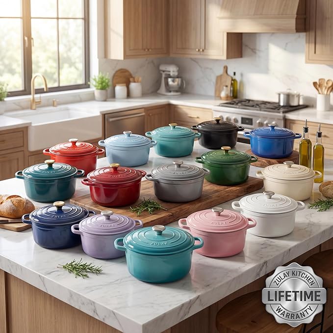 Zulay Kitchen 5 Quart Enameled Cast Iron Dutch Oven Pot with Lid – Premium Durability & Oven Safe up to 500°F – Heavy Duty Cookware Perfect for Bread Baking, Stews, Braising & Roasting – Light Blue