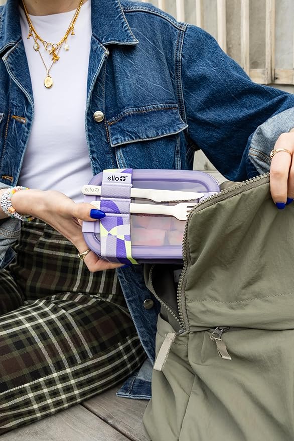 Ello 2-Pack Bento Box Lunch Stack Plastic Food Storage Container | Leak-Proof Locking Plastic Lids | Silicone Base | BPA-Free | Freezer Microwave and Dishwasher Safe | Wisteria