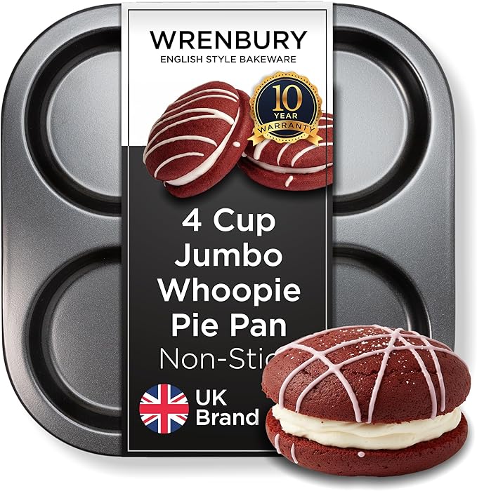 Wrenbury Nonstick Whoopie Pie Pan 4 Cup - Jumbo Carbon Steel Shallow Baking Tray for Muffin Top Macarons Cookies Yorkshire Puddings Cornbread & Burger Buns
