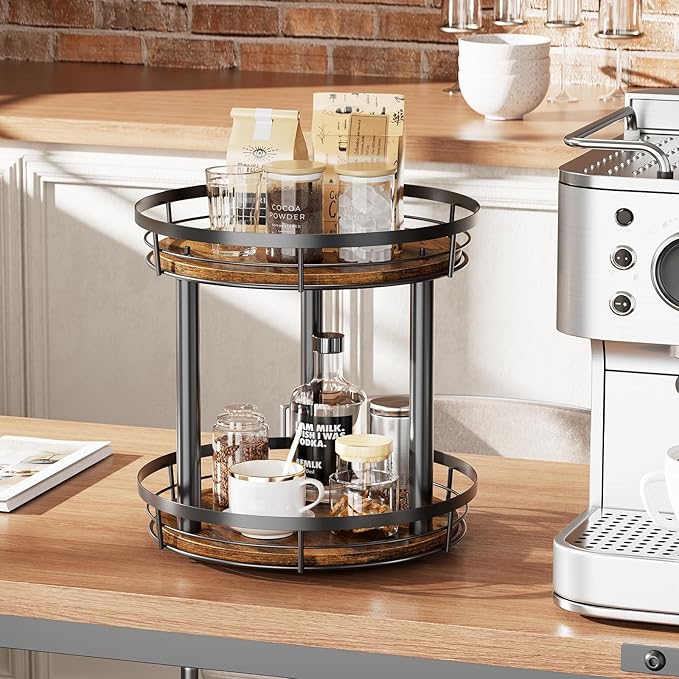 LAMU 2 Tier 9'' Lazy Susan Turntable Organizer for Cabinet and 10'' Wood Lazy Susan Spice Rack