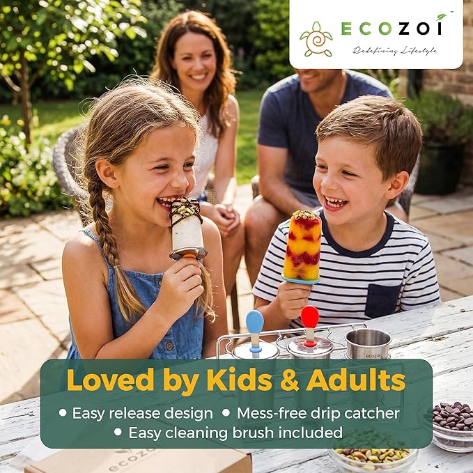 Ecozoi Stainless Steel Popsicle Molds, 6 Ice Popsicle Makers, 6 Stainless Steel Sticks, 12 Silicone Seals and 1 Coconut Cleaning Brush, Eco Popsicle Molds for Kids and Adults, 4 oz Per Mold (Round)