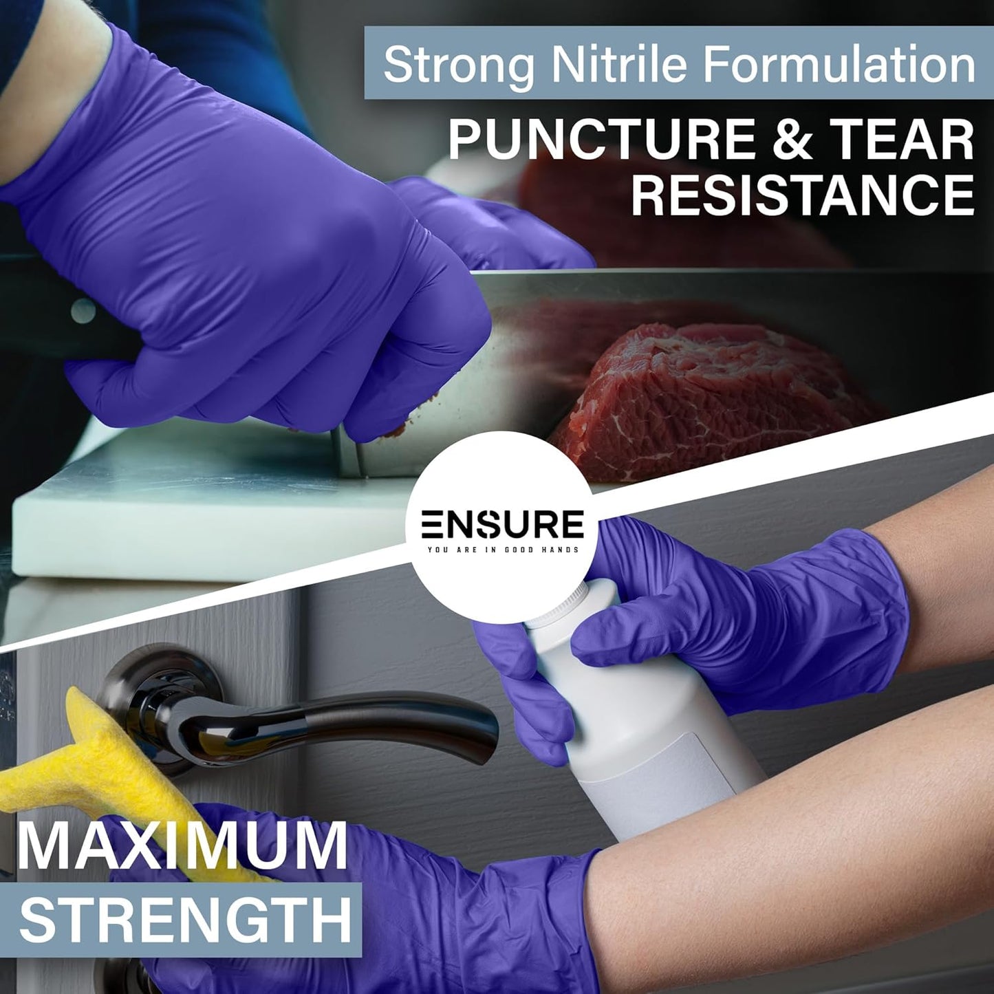 EnSure Nitrile Exam Gloves, Powder-Free, Latex-Free, Chemo Rated, Non-Sterile, Light Duty, Textured Tips, Medical, Surgical, Food Safe, Cleaning, Dental, Lab Use - 3 Mil (X-Large, 200 Count)