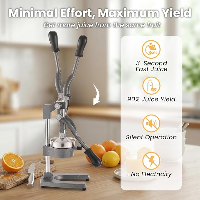 Cast Iron Juicer Manual Hand Press Squeezer for Citrus & Pomegranate – Easy to Clean Metal Juice Press with Stainless Steel Bowl, Ideal for Home Cooks, Health Enthusiasts, and Bartenders