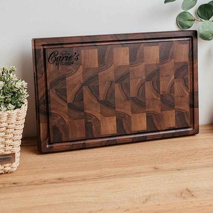 Handmade Personalized Walnut End Grain Cutting Board – Custom Engraved Wood Chopping Block, Perfect Gift for Home Chefs by GrainWoods (18x12x2 Inches)