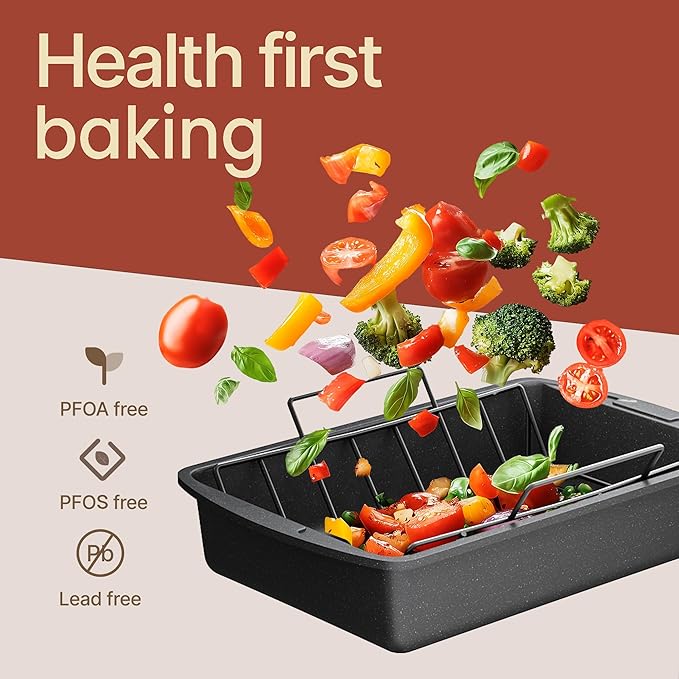 BAKKEN Nonstick Turkey Roasting Pan with Rack – Large Heavy-Duty Carbon Steel Roaster with Wide Handles, Ideal for Roasting, Baking & Grilling, Oven Safe up to 450°F, Gray Marble Finish 17 x 13-Inch