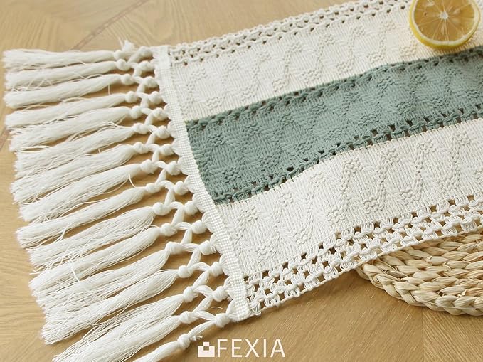 FEXIA Sage Green Table Runner 48 Inches Long with Tassels Boho Macrame Farmhouse Table Runners for Home Decor Party Bohemian Rustic Bridal Shower Dining Decorations (12x48 Inches)