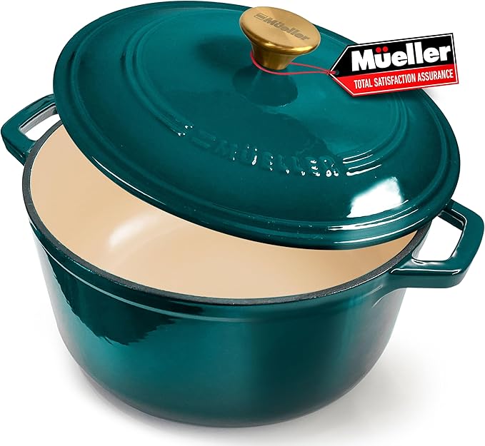 MUELLER HOME 7.5 QT Enameled Cast Iron Dutch Oven, Heavy-Duty Casserole Dish and Braiser Pan with Lid and Stainless Knob, Oven-Safe up to 500° F & Across All Cooktops, Emerald