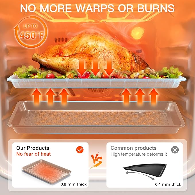 HONGBAKE Nonstick Baking Sheet Pan Set of 3, Cookie Sheets for Oven, Non-Toxic Half/Quarter/Jelly Roll Pans with Floral Swirl Texture, Heavy Duty 0.8mm Thick Oven Trays for Cooking, Champagne Gold