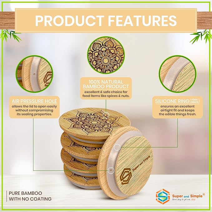 Oui Yogurt Jar Lids Bamboo Mandala – 24-Pack Airtight Bamboo Lids for Oui Glass Jars – Fits Regular & Petite Yogurt Jars – Reusable Jar Tops with Labels & Storage Bag