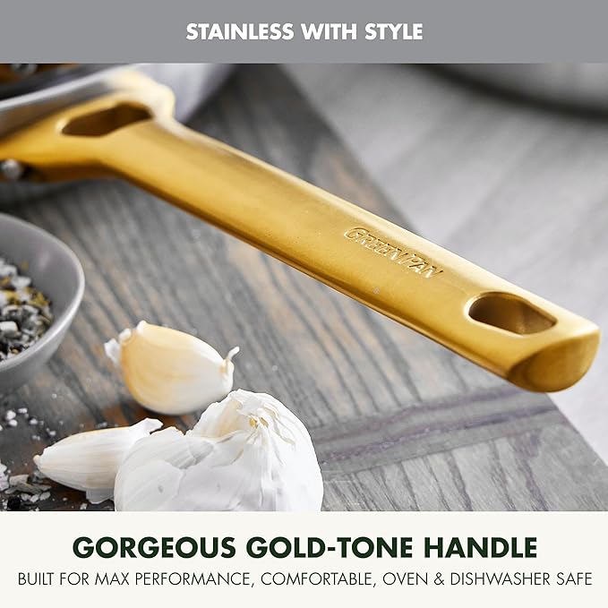 GreenPan Stainless Steel Tri-Ply Reserve 8” Frying Pan Skillet, Multiclad Cookware, Induction, Oven & Broiler Safe to 600°F, Heat Responsive Core, Dishwasher Safe, Gold Handle