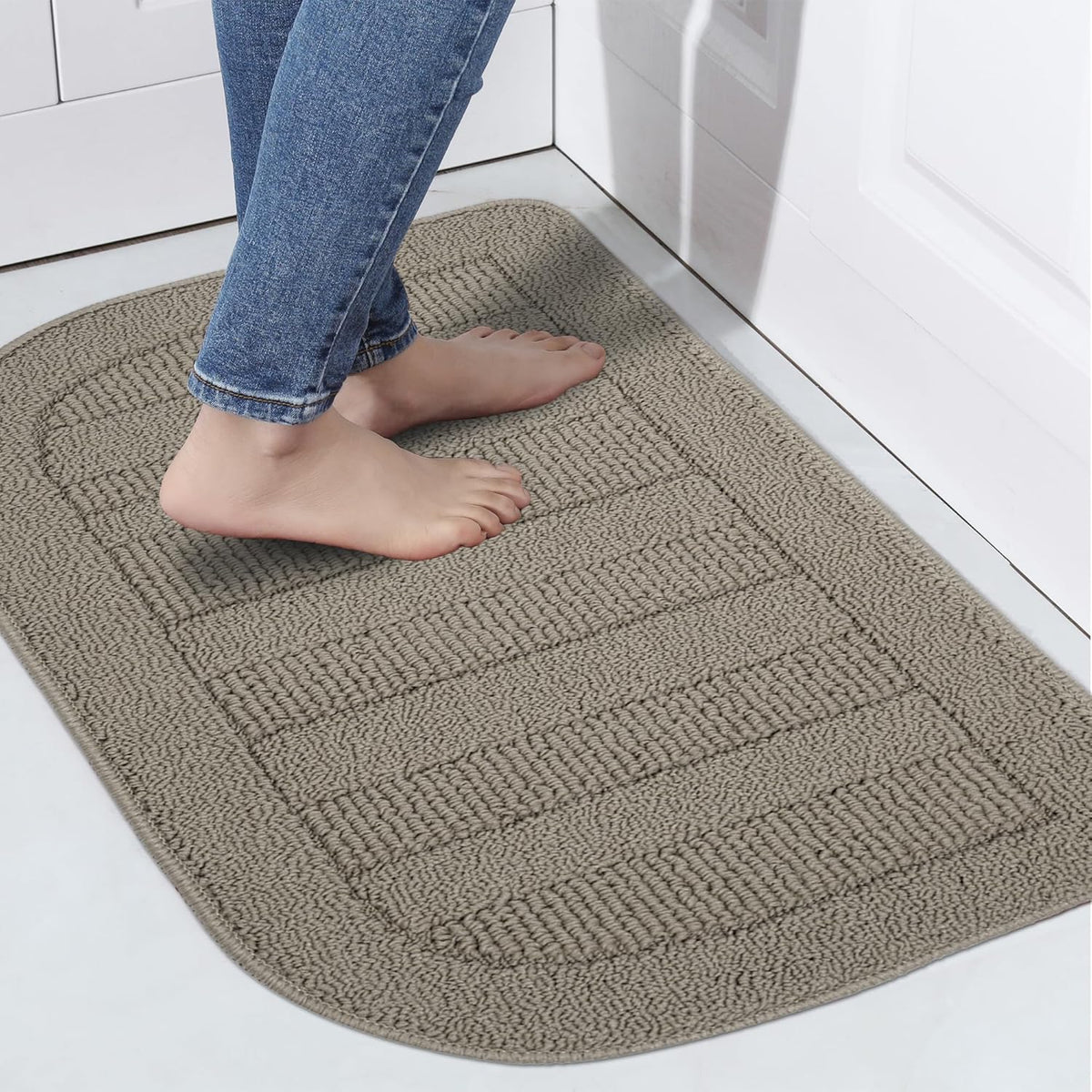BEQHAUSE 30x18 Inch Kitchen Rug Mat Durable Kitchen Rugs Non-Slip Washable Absorbent Kitchen Mats for Floor Dirt-Resistant Semicircular Kitchen Mat (Taupe, 2PCS)