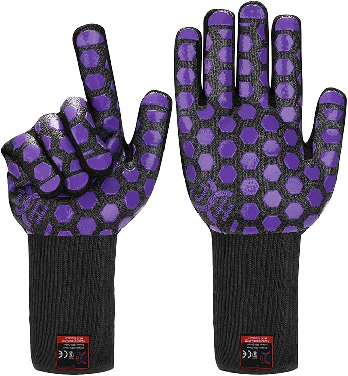 J H Heat Resistant Oven Glove:EN407 Certified 932 °F, 2 Layers Silicone Coating, Oven Mitts for Cooking, Kitchen, Fireplace,Camping, Grilling (Black/Purple, Extra Long Cuff)