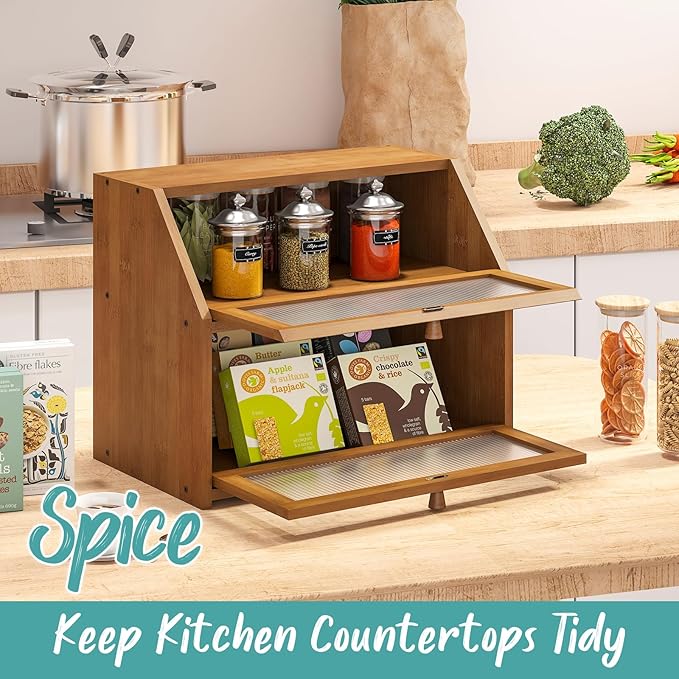 Bread Box for Kitchen Counter, Large Bamboo Wood Double Layer Bread Box, Wooden Bread Storage Capacity