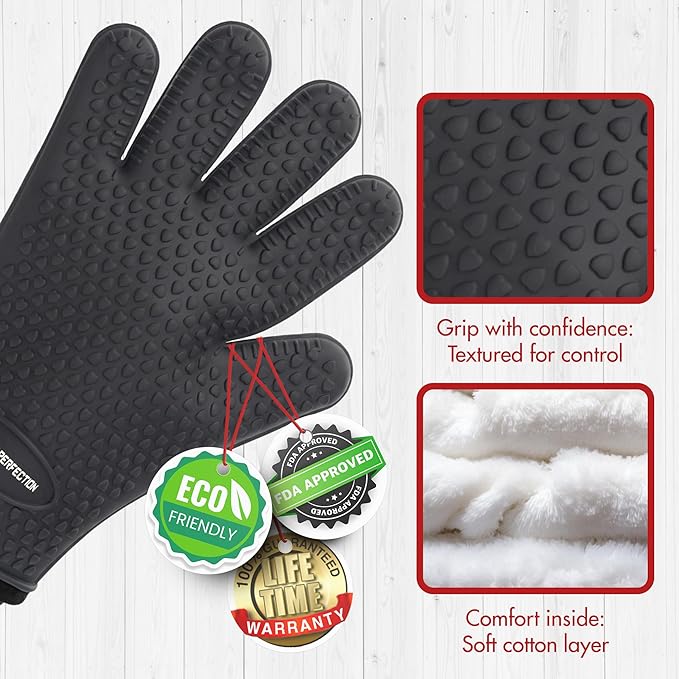 KITCHEN PERFECTION XL Silicone Oven & Griddle Gloves -Extreme Heat Resistant BBQ & Grilling Gloves -Handle Hot Food Right on Your Griddle |Waterproof Oven Mitts Grill Gloves |Superior Set+3 Bonuses