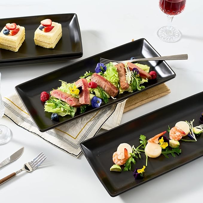 Gomakren Serving Platter Serving Dishes, 14 Inch Porcelain Serving Trays for Party, Large Serving Platters and Trays, Rectangular Sushi Plates for Entertaining Thanksgiving Christmas, Set of 4, Black