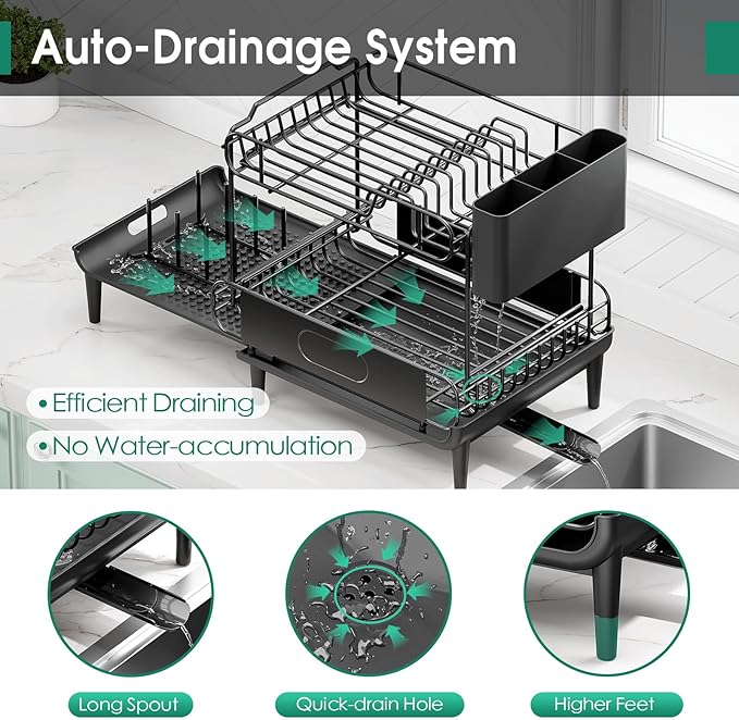 Urackify Dish Drying Rack for Kitchen Counter, Expandable 2 Tier Dish Rack, Large Capacity Dish Drainer with Drainboard Multifunctional Dish Strainer with Removable Cutlery Holder Black