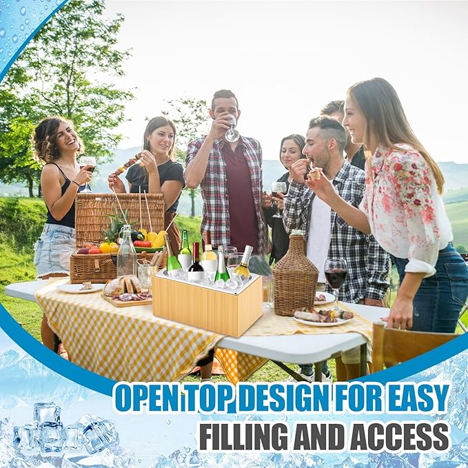 Ice Housing Bin with Removable Tray Ice Holder Container Wine Beer Champagne Drink Bucket Beverage Tub for Freezer Display Buffet Bar Counter Party Drink Chiller(Bamboo and Steel,13.4" X 7.3" X 6.7")
