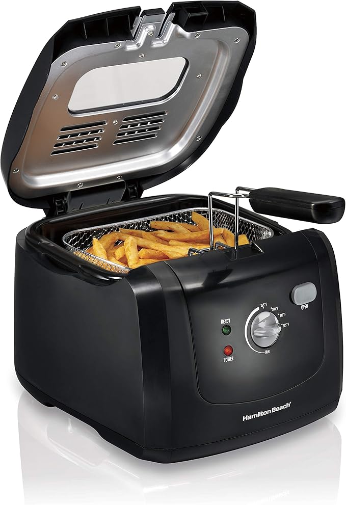 Hamilton Beach Cool Touch Electric Deep Fryer with Basket and Lid, 2 Liters / 8 Cups Oil Capacity, Adjustable Temperature, 1500 Watts for Fast Heat-up, viewing Window Easy to Clean, Black (35021)