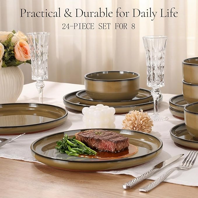 E-far Stoneware Dinnerware Sets for 8, 24 Pieces Reactive Glaze Plates and Bowls Sets, Elegant Dishes with Rustic Terracotta Clay Base, Dishwasher & Microwave Safe, Scratch Resistant, Desert Camel