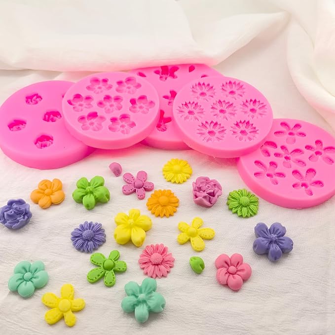 5Pcs Flower Molds Silicone Rose Chocolate Mold Daisy Flower Fondant Mould Polymer Clay Resin Mold Soap Ice Cube Gummy Sugar Wax Melt Molds for Baking and Cake Cupcake Decorating DIY Craft