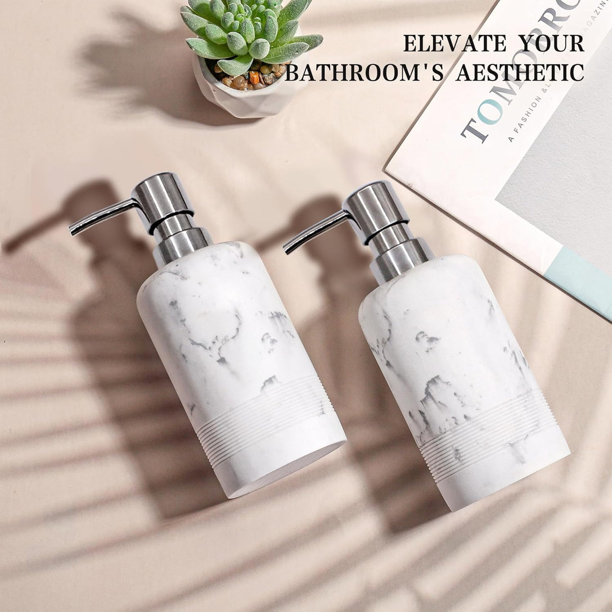 Resin Soap Dispenser Sets, 2 Pcs Heavy Lotion Dispensers,10.8oz Refillable Liquid Soap Dispensers with Rust-Proof Pump for Bathroom Countertop or Kitchen, Artificial Marble White
