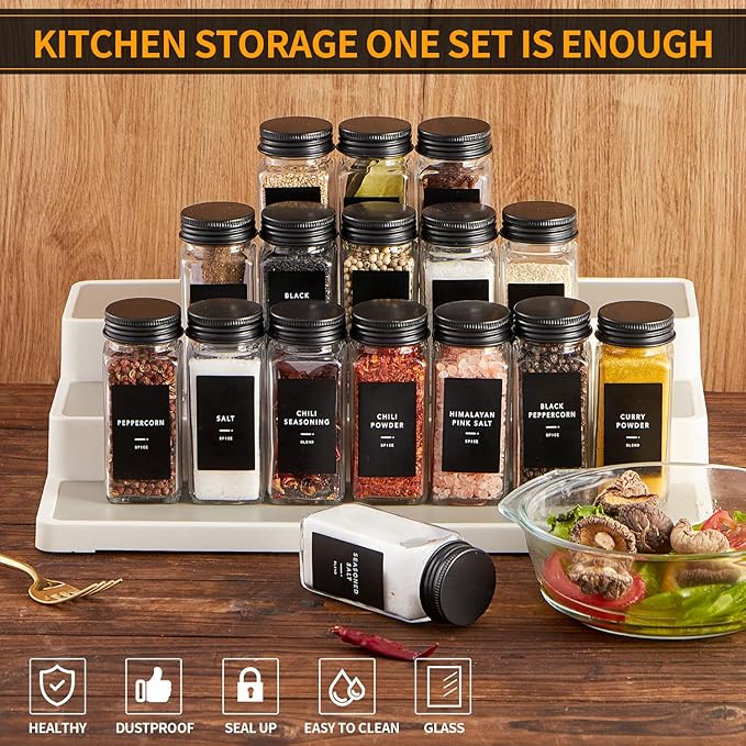 Skiileor 25 Pcs Spice Jars with Label- Glass Spice Jars with Black Metal Caps,Shaker Lids, Funnel, Chalk Pen, 4oz Seasoning Containers Bottles for Spice Rack, Cabinet, Drawer