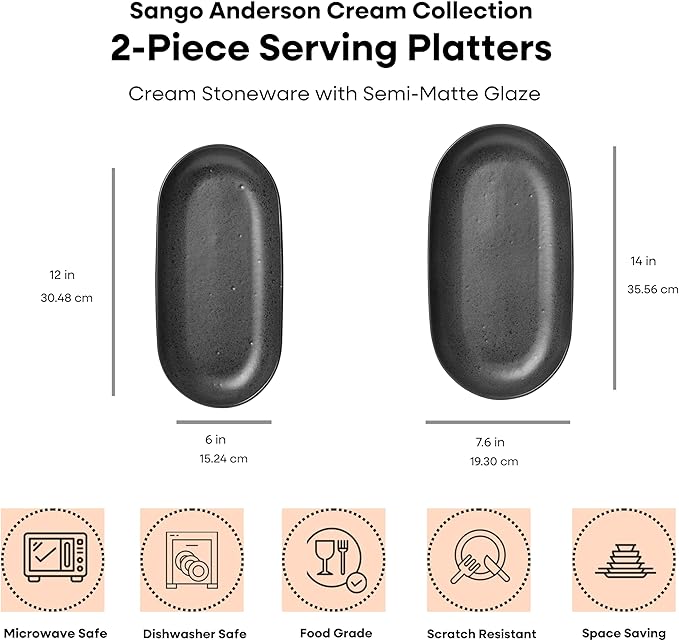 SANGO Anderson Serving Platters Set of 2, 14/12 Inch Stoneware Serving Dishes for Entertaining, Semi-Matte Party Serving Trays for Food, Buffet Oval Platters for Bread, Appetizer, Cheese, Matte Black