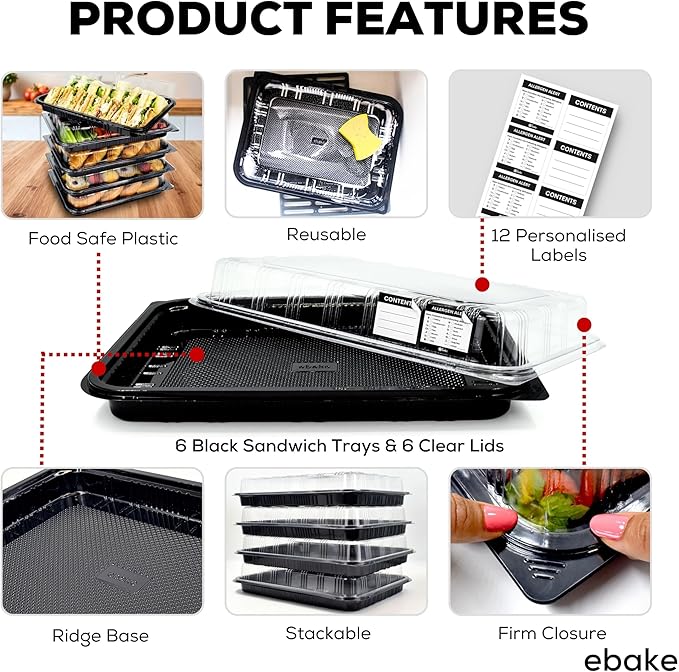 6 Pack Catering Trays with Lids – 13" Serving Tray with Lid, Heavy Duty Recyclable Plastic Party Platters for Catering, Buffet, Picnics & Events – Food Trays with Clear Lid (13.39 × 9.84 × 2.95 inch)