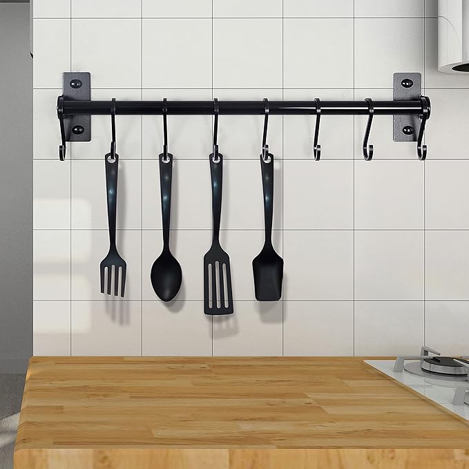 Dseap Kitchen Utensil Holder Hanger, Pot and Pan Rack Wall Mounted, Kitchen Rail with 8 Hooks for Hanging Cooking Utensils, Mugs, Spoons, Wall Mounted, Black, Pack of 2