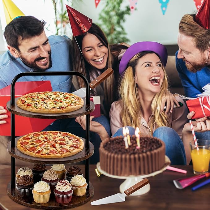 4 Pcs Wooden Pizza Stands Tiered Serving Tray Stand with 3 Pizza Servers for Pie Cupcake Dessert Cheese Party Restaurant