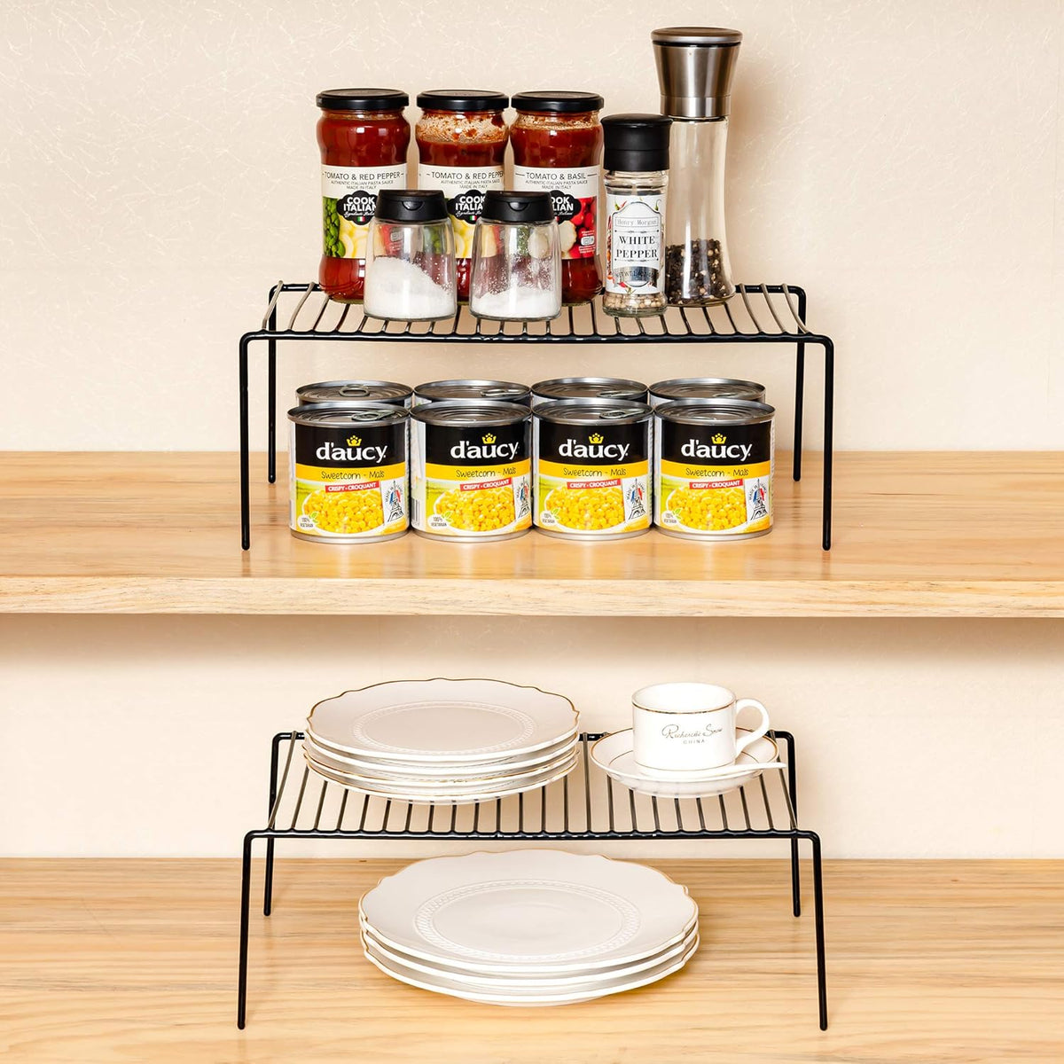 iPEGTOP Set of 6 Large (15.7 x 9.4 Inch) Kitchen Cupboard Organiser, Freezer Cabinet Storage Metal Shelf Wire Rack, Rustproof Steel Shelves for Fridge Pantries Countertops Utensils, Black