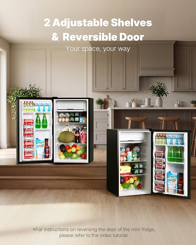 Upstreman 3.2 Cu.Ft Mini Fridge with Freezer, Single Door Compact Refrigerator, Adjustable Thermostat, Small Refrigerator for Dorm, Bedroom, Office, Stainless Steel-SR321