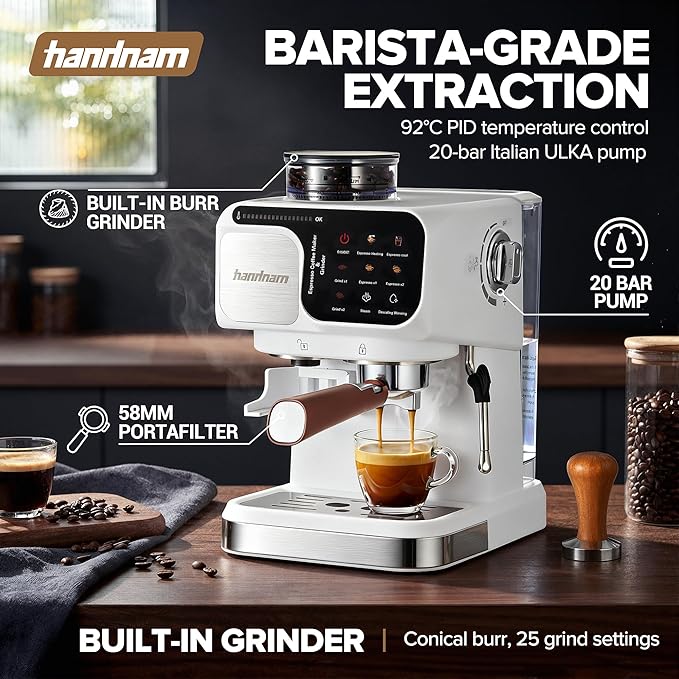 Espresso Machine with Grinder, 20 Bar Professional Espresso Maker with Built-in Burr Grinder, PID Temperature Control, Steam Wand, 58mm Portafilter, 25 Grind Settings, All-in-One Coffee Machine