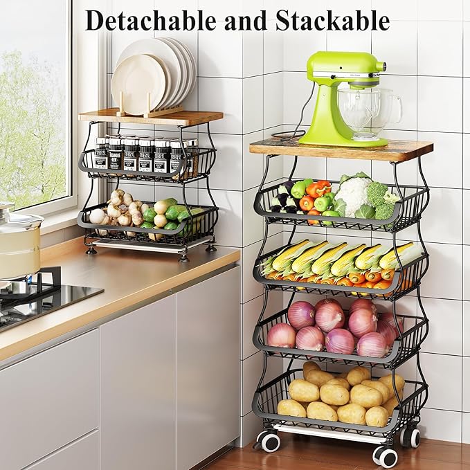 SAYZH Fruit Basket Kitchen Pantry Organizers and Storage - Wooden Top Table, Stackable Metal Wire Basket Stand Cart for Fruit Vegetable Snacks Onion Potato Organization (Black, 5 Tiers)