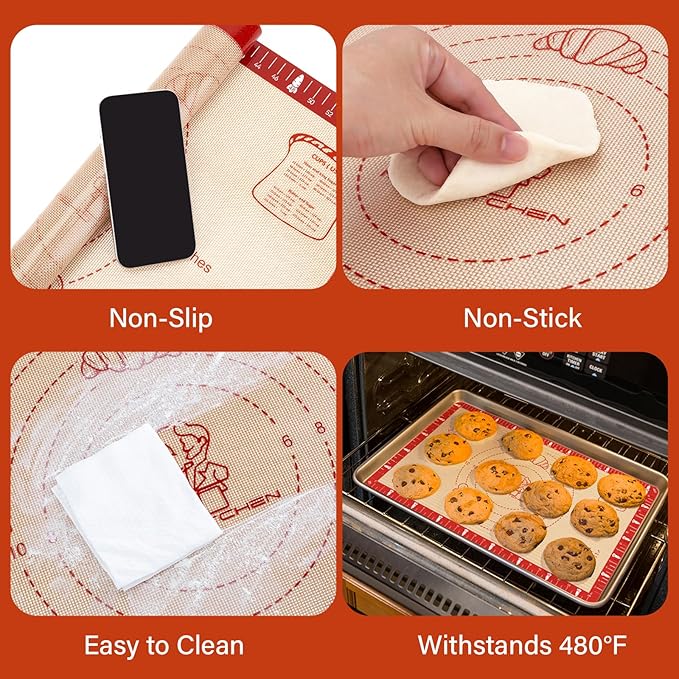 Non-Slip Silicone Baking Mat - 20x28 inch Extra Thick Pastry Mat with Measurements for Sourdough, Macarons, Bread, Pizza, Dough Rolling, Kneading, Oven Mat Heat Resistant to 480°F for Baker