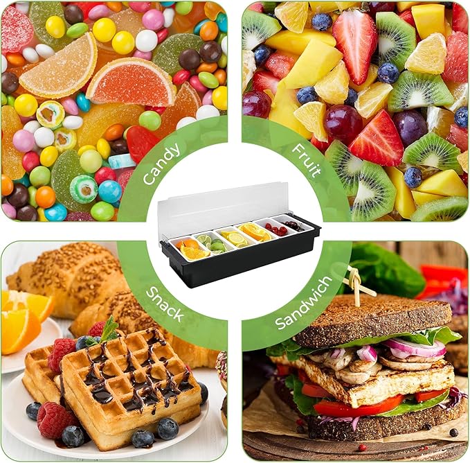 Fruit, Veggie & Condiment Caddy with Lid Dispenser Tray Garnish Station for Bartending & Serving Taco (2, 6 Compartment)
